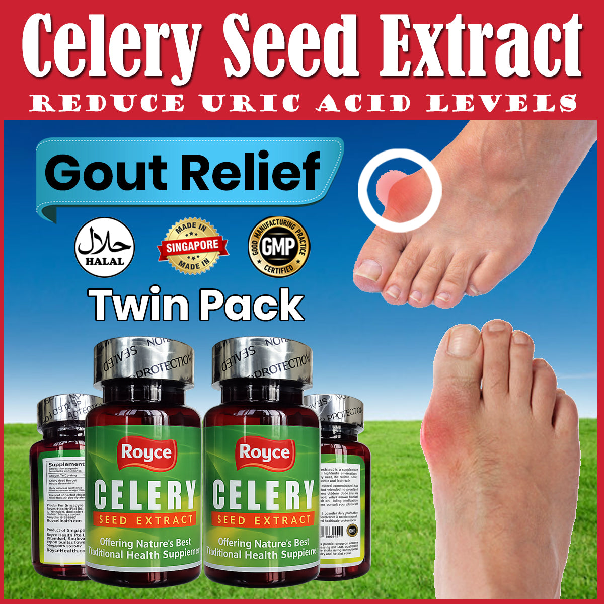 Royce Celery Seed Extract for Gout Twin Pack (60x2) 120 capsules Uric Acid GMP certified Made in Singapore